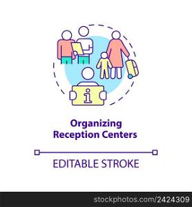 Organizing reception centers concept icon. Support immigrants. Government initiative abstract idea thin line illustration. Isolated outline drawing. Editable stroke. Arial, Myriad Pro-Bold fonts used. Organizing reception centers concept icon
