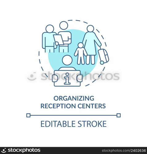 Organizing reception centers turquoise concept icon. Government initiative abstract idea thin line illustration. Isolated outline drawing. Editable stroke. Arial, Myriad Pro-Bold fonts used. Organizing reception centers turquoise concept icon