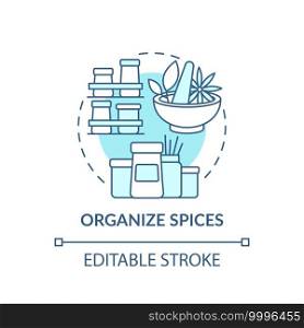 Organizing spices concept icon. Place alphabetically and categorize by use idea thin line illustration. Special spice organizers. Vector isolated outline RGB color drawing. Editable stroke. Organizing spices concept icon