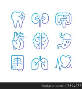 Organs regular checkup pixel perfect gradient linear vector icons set. Medical service. Disease treatment. Thin line contour symbol designs bundle. Isolated outline illustrations collection. Organs regular checkup pixel perfect gradient linear vector icons set