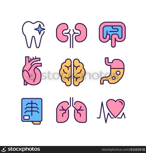 Organs regular checkup pixel perfect RGB color icons set. Medical service. Disease treatment. Isolated vector illustrations. Simple filled line drawings collection. Editable stroke. Organs regular checkup pixel perfect RGB color icons set