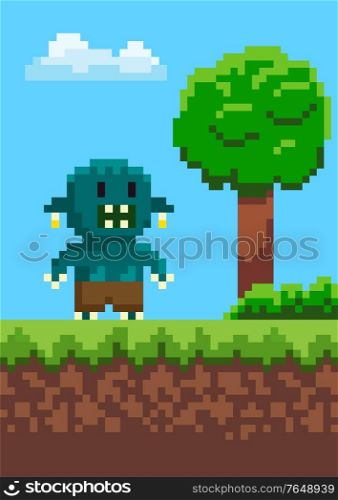 Orge with teeth standing on grass, geek character on ground, portrait view of monstrosity, green tree and cloudy sky, adventure map, pixel game vector. Monstrosity Character Standing on Grass Vector