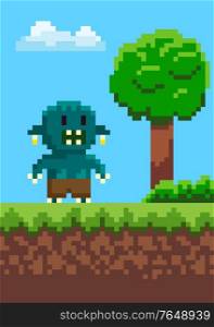 Orge with teeth standing on grass, geek character on ground, portrait view of monstrosity, green tree and cloudy sky, adventure map, pixel game vector. Monstrosity Character Standing on Grass Vector