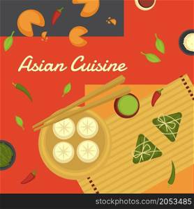 Oriental and asian cuisine in restaurant or cafe. Plate with dumplings and sauce, herbs and spices, cookies with prediction. Promotional banner or poster with discounts and sales. Vector in flat style. Asian cuisine dumplings with fillings and sauce