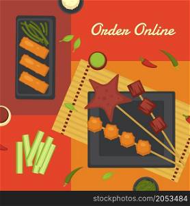 Oriental and Asian food, order online and get delivery for a meal. Plate served with meat and skewers with veggies. Promotional banner or poster with discounts and sales. Vector in flat style. Order online chinese food, asian meals vector