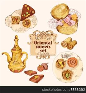 Oriental arabian turkish pastry colored sweet dessert sketch set isolated vector illustration.