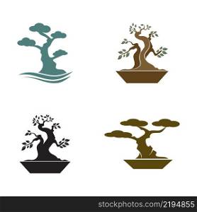 Oriental Bonsai Art, Japanese Mini Small Plant Tree on Pot Silhouette logo design vector