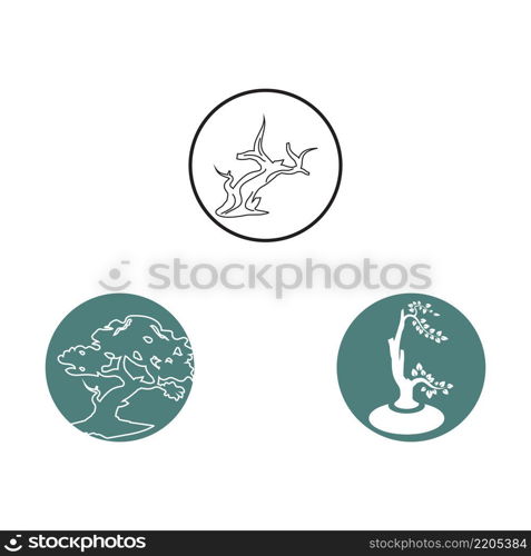 Oriental Bonsai Art, Japanese Mini Small Plant Tree on Pot Silhouette logo design vector