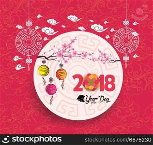 Oriental Chinese New Year 2018 blossom and lantern background. Year of the dog