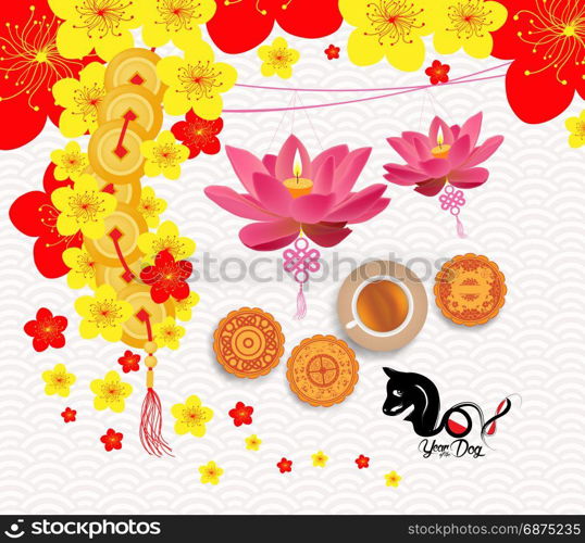 Oriental Chinese New Year background with lantern, tea and cake. Year of the dog