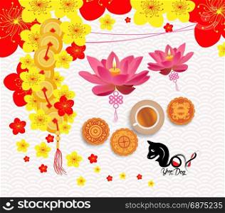 Oriental Chinese New Year background with lantern, tea and cake. Year of the dog