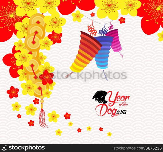 Oriental Chinese New Year background with lantern, tea and cake. Year of the dog