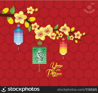 Oriental Chinese New Year background with lantern. Year of the pig