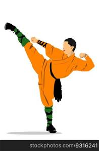Oriental combat sports. Wu-shu. Colored 3d vector illustration. 