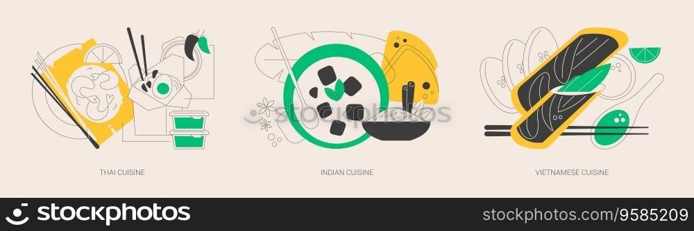 Oriental cuisine abstract concept vector illustration set. Thai, Indian and Vietnamese cuisine, spicy taste, asian recipe, homemade curry, vegetarian menu, spring roll, noodle abstract metaphor.. Oriental cuisine abstract concept vector illustrations.