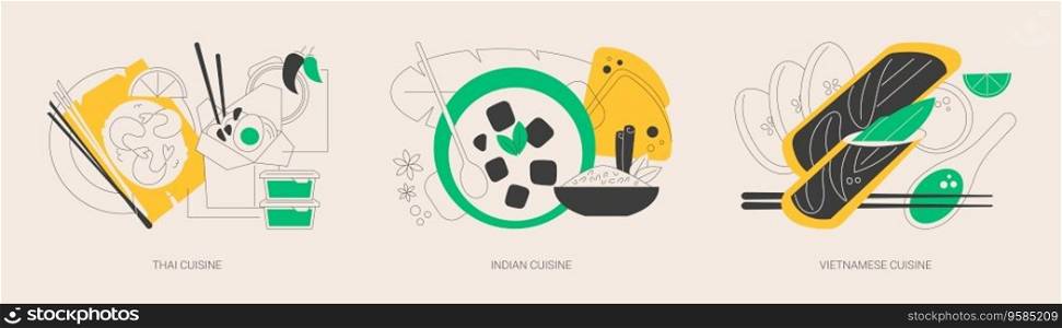 Oriental cuisine abstract concept vector illustration set. Thai, Indian and Vietnamese cuisine, spicy taste, asian recipe, homemade curry, vegetarian menu, spring roll, noodle abstract metaphor.. Oriental cuisine abstract concept vector illustrations.