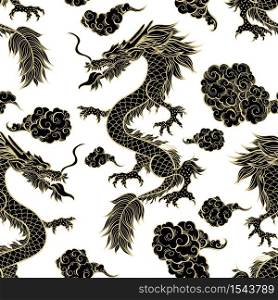 Oriental dragon flying in clouds seamless pattern. Traditional Chinese mythological animal hand drawn illustration. Golden Black festival serpent on white background. Wrapping paper, textile design. Oriental black dragon flying in clouds seamless pattern. Traditional Chinese mythological animal
