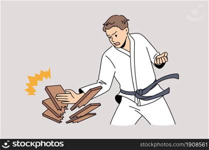 Oriental fights and war art concept. Young man in white kimono standing making push with hand breaking woods feeling strong confident vector illustration . Oriental fights and war art concept