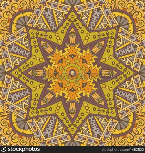 Oriental flourish grunge festival mandala vector. Yellow doodle boho geometric ornamental design handdrawn. Oriental flourish ornament doodle yellow mandala vector.
