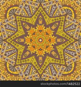 Oriental flourish grunge festival mandala vector. Yellow doodle boho geometric ornamental design handdrawn. Oriental flourish ornament doodle yellow mandala vector.