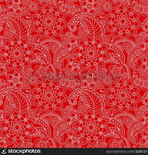 Oriental flowers pattern, white vector ornament on red background. Oriental flowers pattern