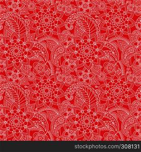 Oriental flowers pattern, white vector ornament on red background. Oriental flowers pattern
