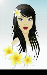 Oriental girl with long dark hair and white flowers of plumeria around