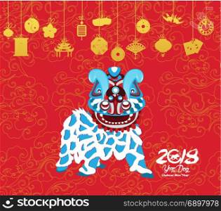Oriental Happy Chinese New Year 2018. lion dance Design. Year of the dog