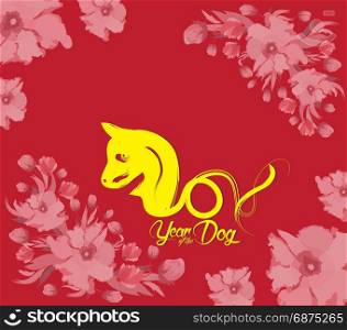 Oriental Happy Chinese New Year 2018 with cake and blossom. Year of the dog