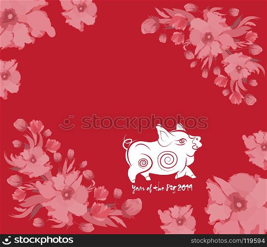 Oriental Happy Chinese New Year 2019 with cake and blossom. Year of the pig
