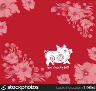 Oriental Happy Chinese New Year 2019 with cake and blossom. Year of the pig
