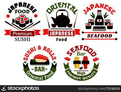 Oriental Japanese food restaurant icons. Sushi, rolls, seafood, salmon, sashimi, wasabi, steamed rice, bamboo, chopsticks, tea Oriental cuisine poster for menu card signboard leaflet flyer. Oriental Japanese food restaurant icons