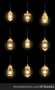 Oriental l&s. Arab lanterns hang on gold chains. Isolated realistic decorative lighting. Ramadan vector banner. Illustration lantern and l&light muslim