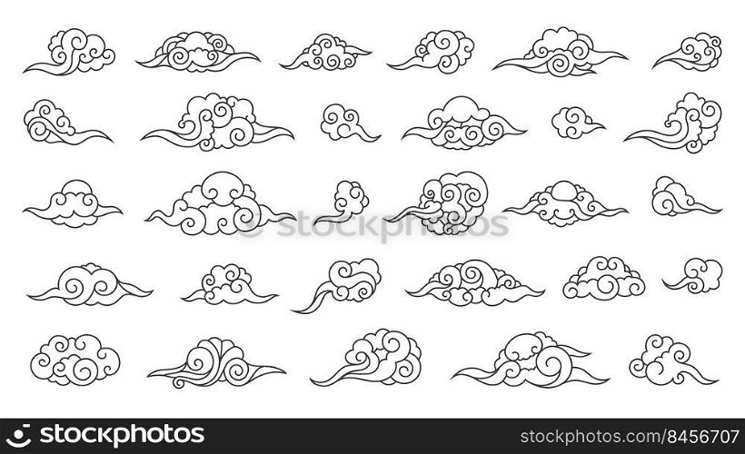 Oriental line clouds. Chinese Japanese Korean Asian outline ornamental pattern, curly decorative cloudy sky. Vector Tibetan festive graphic set of japanese oriental style cloud line illustration. Oriental line clouds. Chinese Japanese Korean Asian outline ornamental pattern, curly decorative cloudy sky background. Vector Tibetan festive graphic set