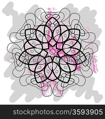 Oriental mandala motif round lase pattern of the black color, like snowflake or mehndi paint on light gray color. Karma mantras and yoga