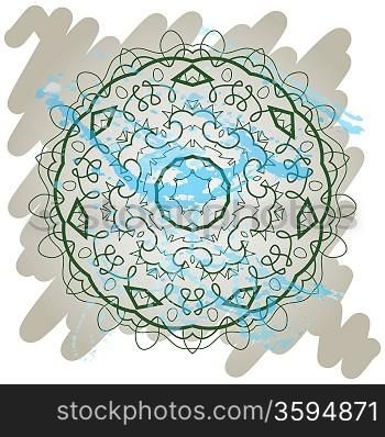 Oriental mandala motif round lase pattern of the green color, like snowflake or mehndi paint on light gray color. Karma mantras and yoga