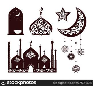 Oriental ornaments on different black silhouettes vector illustration of isolated on white background star moon, eastern mosque, nightscape in window. Oriental Ornaments on Different Black Silhouettes
