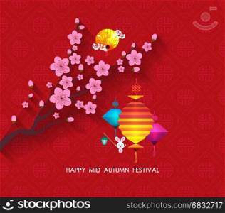 Oriental Paper Lantern, plum blossom and Rabbit. Mid Autumn Festival
