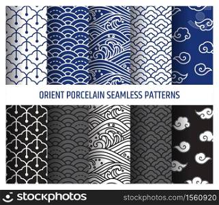 Oriental porcelain seamless line art patterns vector illustration. Asian wave and cloud background.