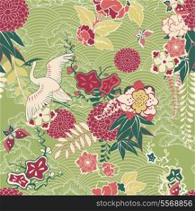 Oriental silk pattern with crane and flowers vector illustration