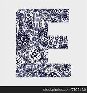 Oriental style alphabet. Letter E with floral ornament. Vector. Oriental style alphabet