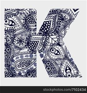 Oriental style alphabet. Letter K with floral ornament. Vector. Oriental style alphabet