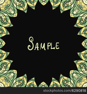 Oriental stylized mandala frame in green and black. Kaleidoscopic ornament. Template for menu, greeting card, invitation or cover.