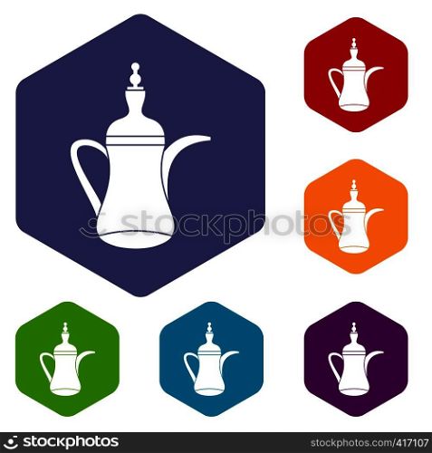 Oriental teapot icons set rhombus in different colors isolated on white background. Oriental teapot icons set