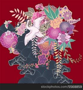 Oriental vintage kimono floral motif vector illustration