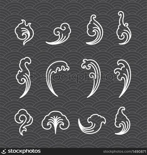 Oriental water curl. Ornamental white single line clip art. Use to dividers, scrolls, rules.