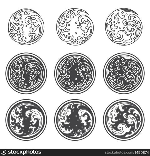 Oriental water wave in Yin Yang circle shape. Outline and filled with gray. Symbolic of opposite. For concepted by Thai, Japanese, Chinese believable.
