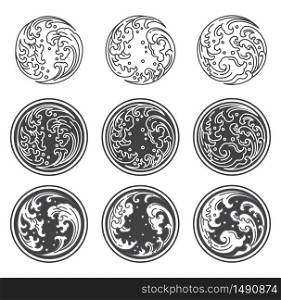Oriental water wave in Yin Yang circle shape. Outline and filled with gray. Symbolic of opposite. For concepted by Thai, Japanese, Chinese believable.