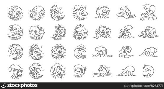 Oriental waves. Chinese indian japanese arabic and american traditional ornamental waves, decorative asian ripple pattern. Vector set of japanese traditional pattern, japan decoration illustration. Oriental waves icons. Chinese indian japanese arabic and latin american traditional ornamental waves, decorative outline asian ripple pattern. Vector set