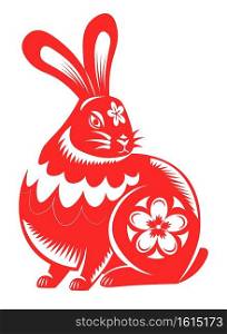 Oriental zodiac symbols and astrological creatures of new year. Isolated rabbit or hare with blooming flowers. Papercut or decor, woodland animal. Chinese horoscope sign, red icon vector in flat style. Rabbit or hare with flowers, chinese horoscope